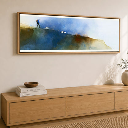 Fell Walker on Moody Striding Edge Lake District Walking panoramic canvas wall art displayed above a sideboard