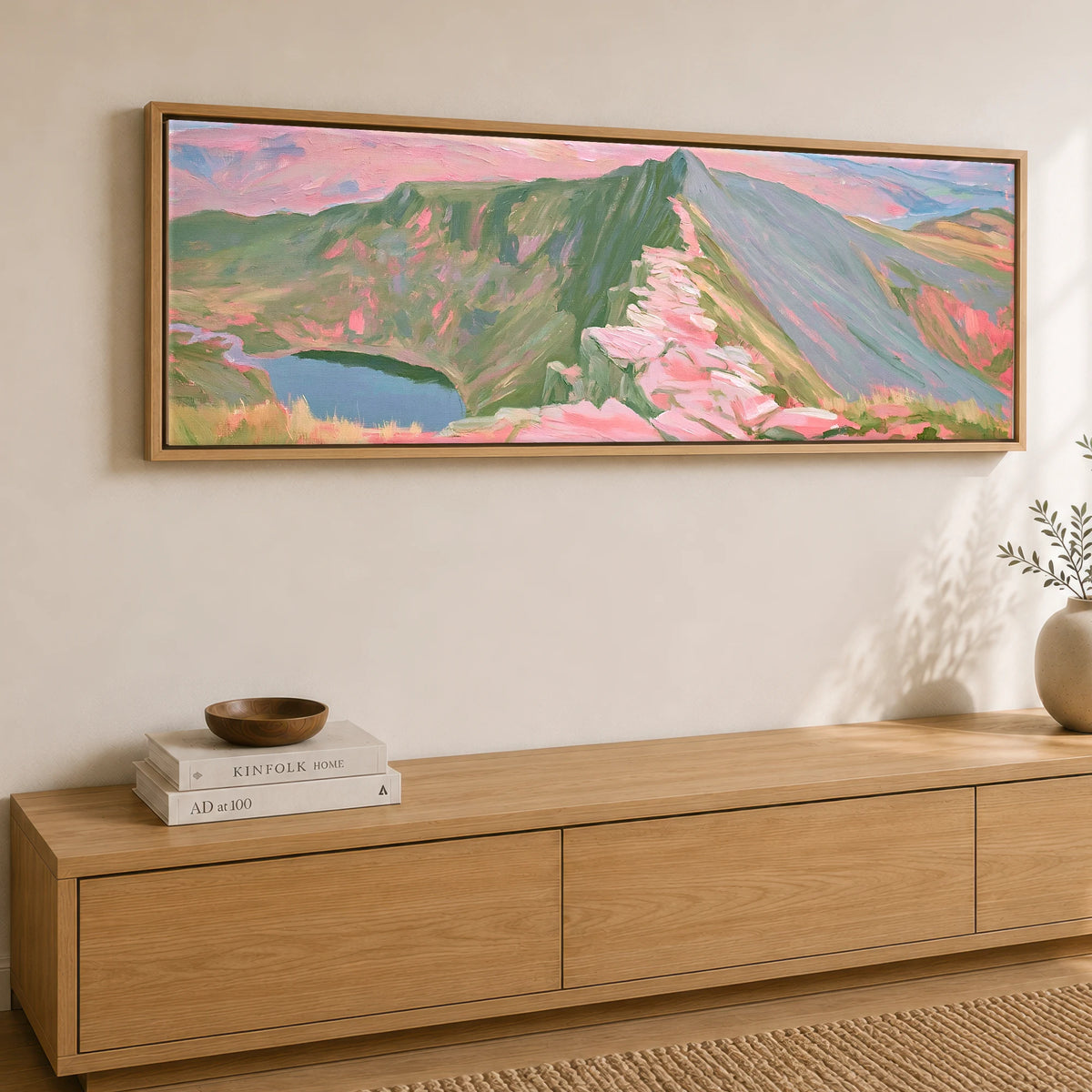 Pastel Light on Striding Edge Lake District Walking panoramic canvas wall art displayed above a sideboard