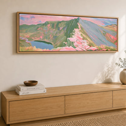 Pastel Light on Striding Edge Lake District Walking panoramic canvas wall art displayed above a sideboard