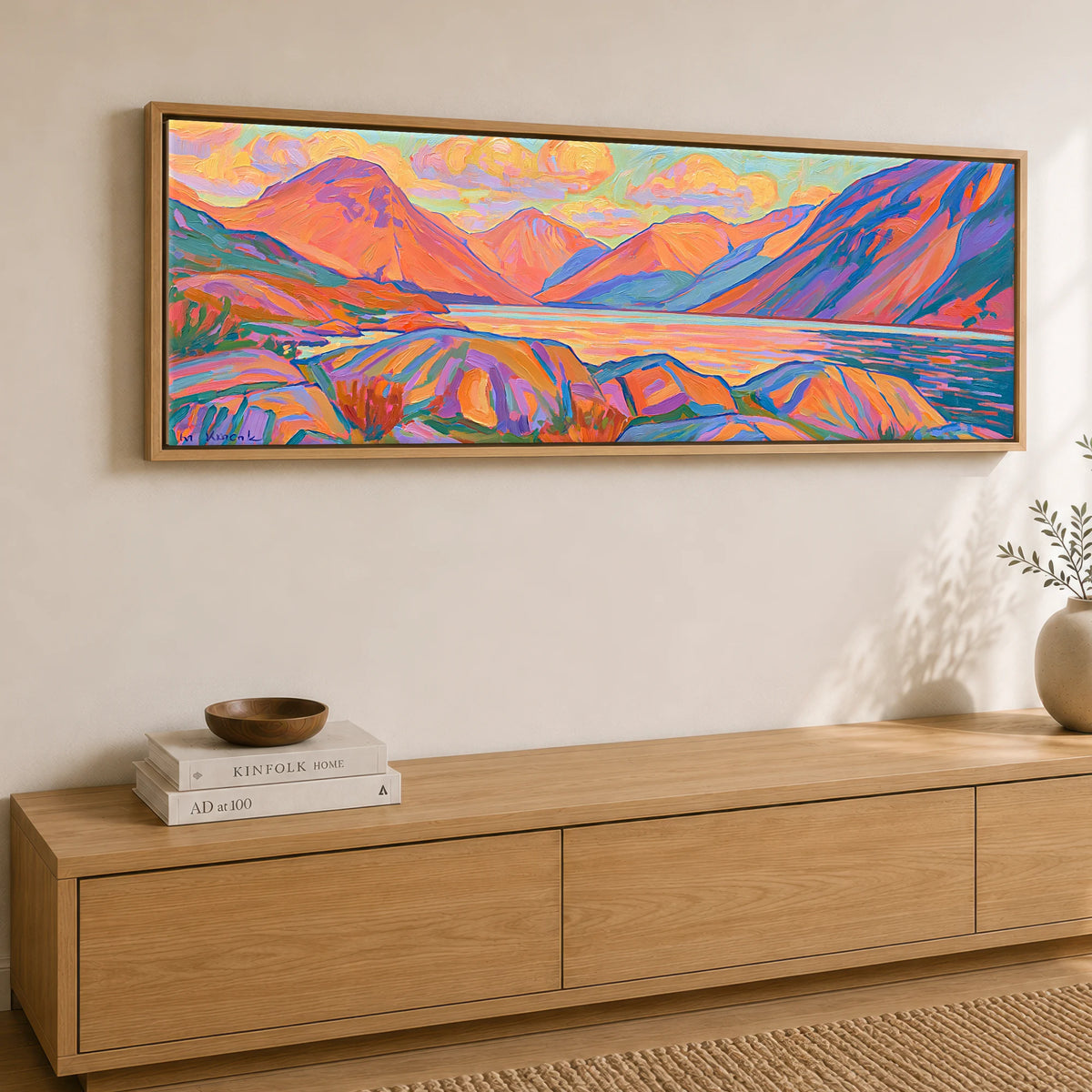 Sunset Radiance Over Wasdale Head Lake District Lake panoramic canvas wall art displayed above a sideboard