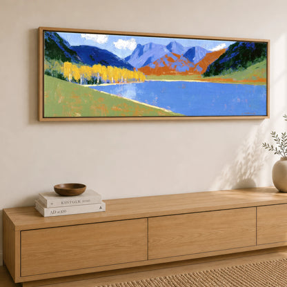 Bold Autumn Colours at Blea Tarn Lake District Lake panoramic canvas wall art displayed above a sideboard