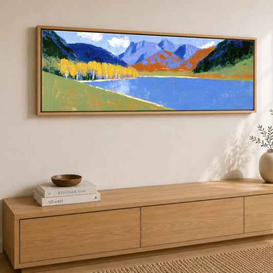 Bold Autumn Colours at Blea Tarn Lake District Lake panoramic canvas wall art displayed above a sideboard