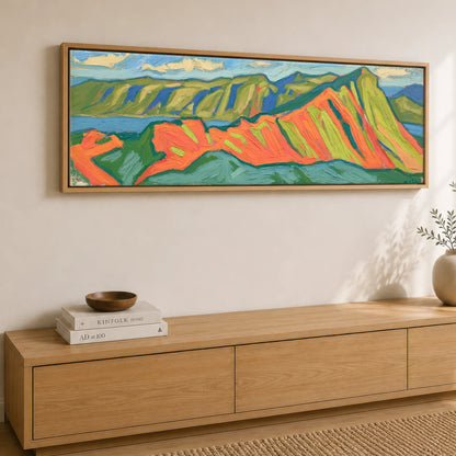Vibrant Striding Edge Ridge Lake District Walking panoramic canvas wall art displayed above a sideboard
