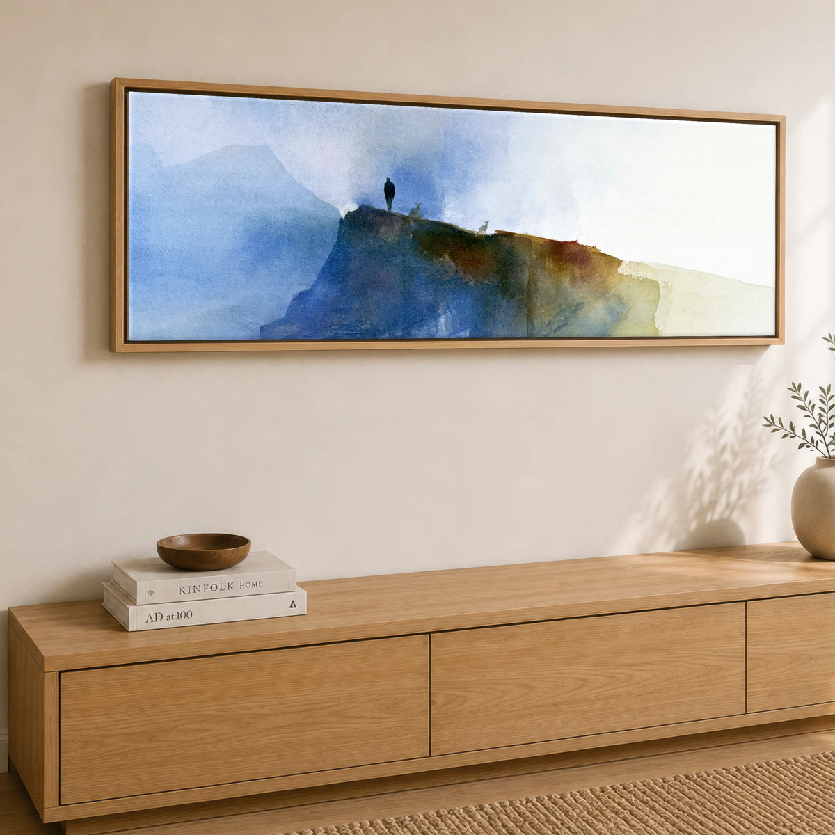 Striding Edge Helvellyn in Blue Mist Lake District Walking panoramic canvas wall art displayed above a sideboard