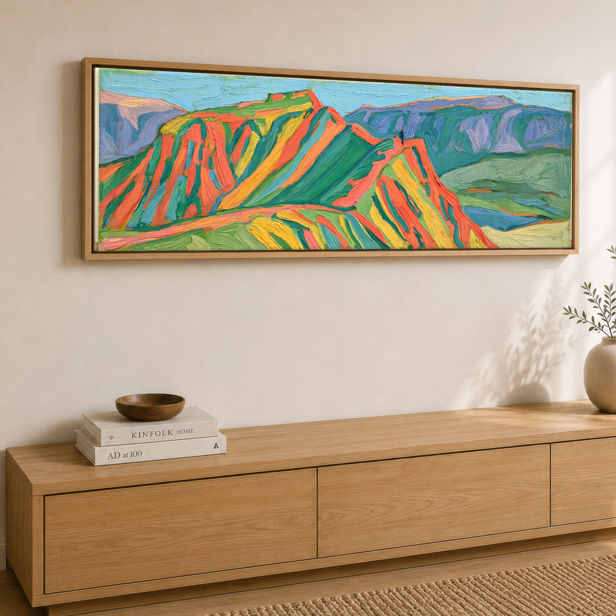 Vivid Striding Edge Helvellyn Lake District Walking panoramic canvas wall art displayed above a sideboard