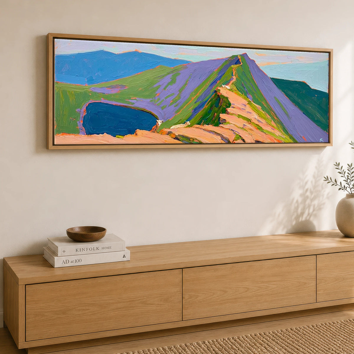Vivid Striding Edge to Helvellyn Lake District Walking panoramic canvas wall art displayed above a sideboard