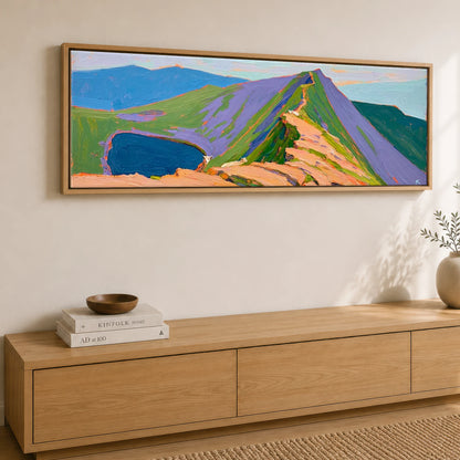 Vivid Striding Edge to Helvellyn Lake District Walking panoramic canvas wall art displayed above a sideboard