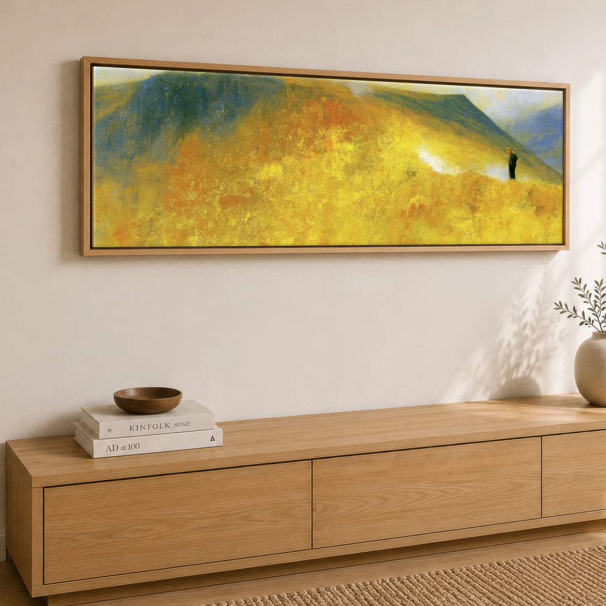 Golden Ridge Walk on Striding Edge Lake District Walking panoramic canvas wall art displayed above a sideboard
