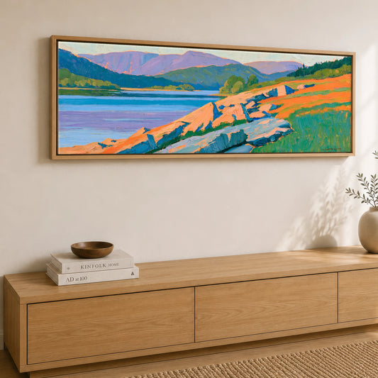 Ambleside Shoreline in Radiant Orange Lake District Village panoramic canvas wall art displayed above a sideboard