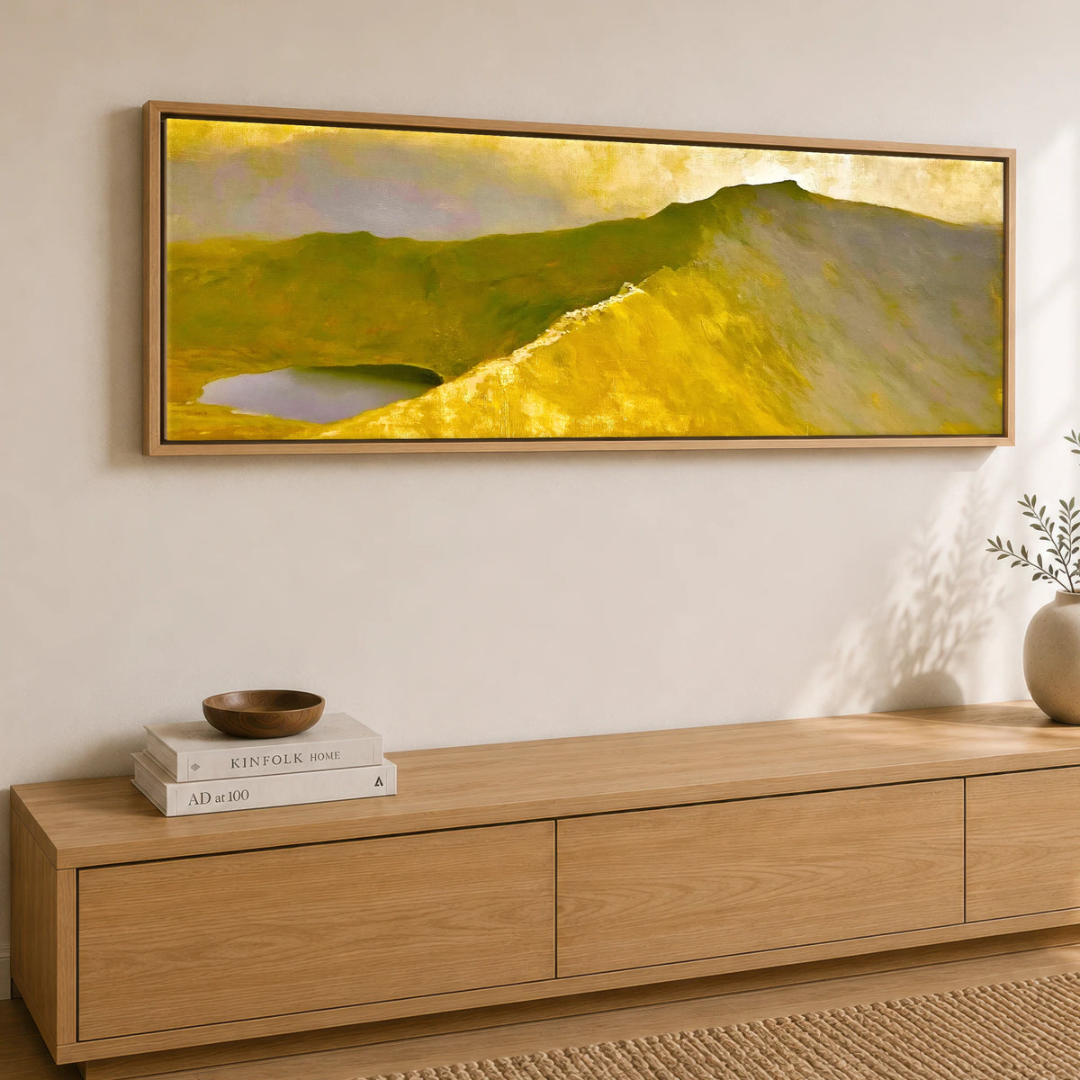 Striding Edge in Golden Light Lake District Walking panoramic canvas wall art displayed above a sideboard