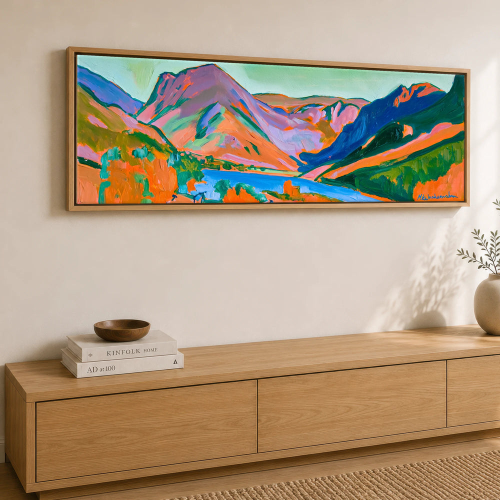 Vibrant Sunset over Buttermere Valley Lake District Lake panoramic canvas wall art displayed above a sideboard