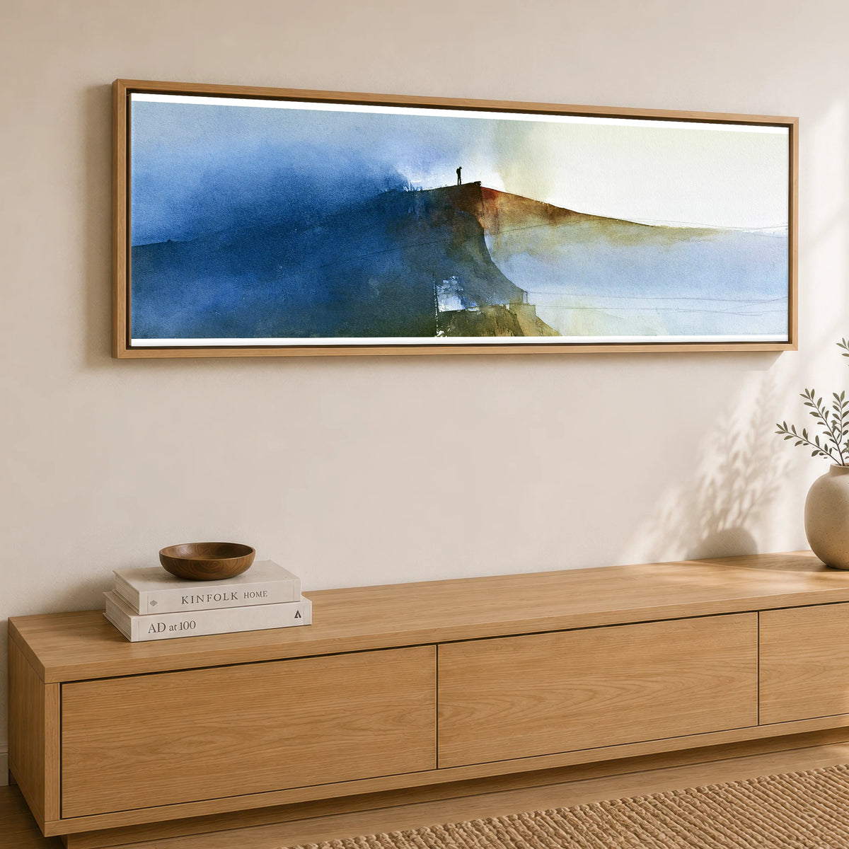 Striding Edge Walker in Indigo Lake District Walking panoramic canvas wall art displayed above a sideboard