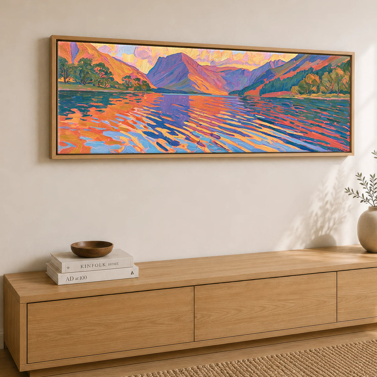 Sunset Glow over Wastwater Fells Lake District Lake panoramic canvas wall art displayed above a sideboard