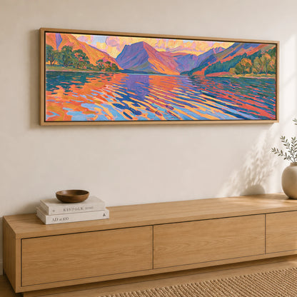 Sunset Glow over Wastwater Fells Lake District Lake panoramic canvas wall art displayed above a sideboard