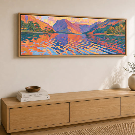 Sunset Glow over Wastwater Fells Lake District Lake panoramic canvas wall art displayed above a sideboard
