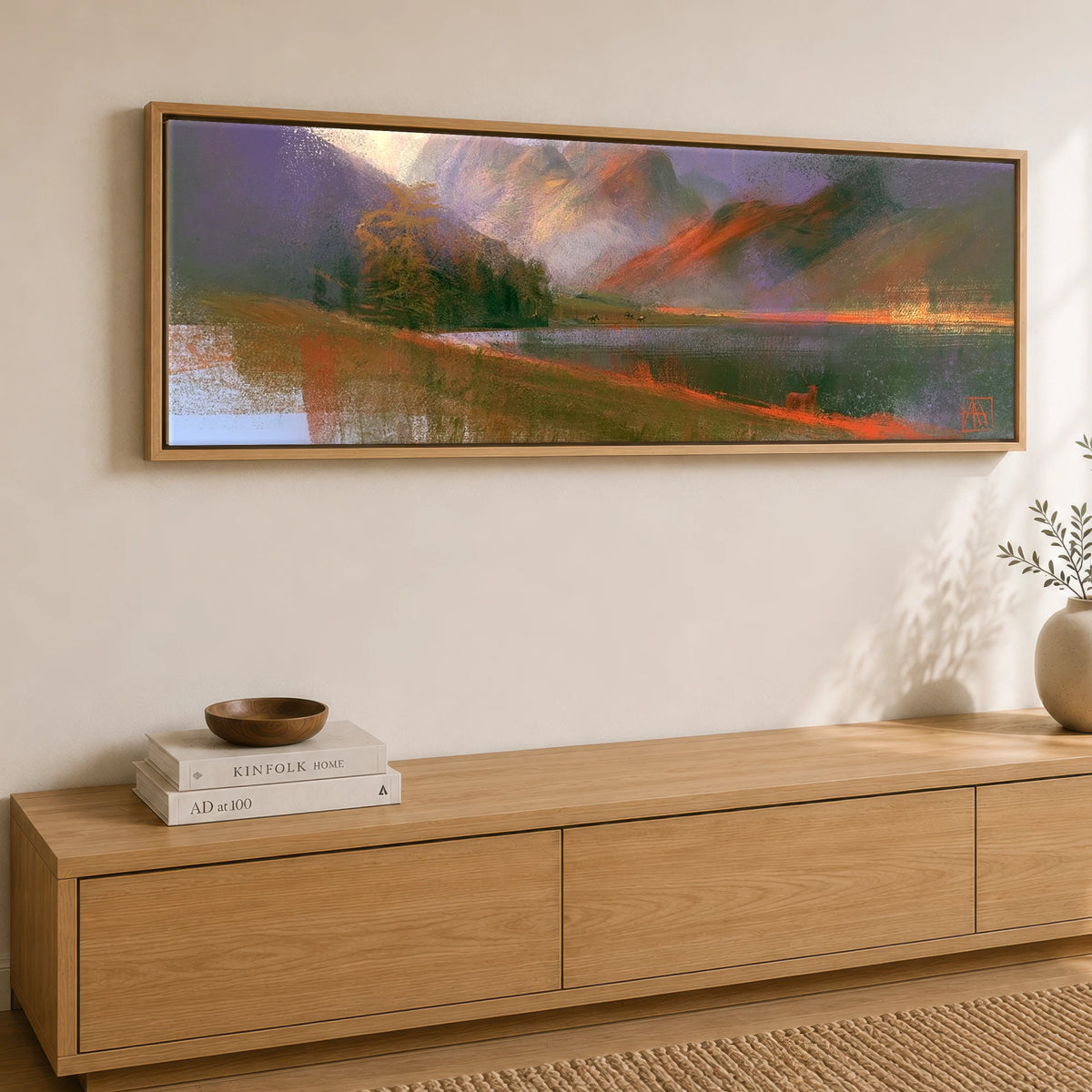 Autumn Light on Blea Tarn Lake District Lake panoramic canvas wall art displayed above a sideboard