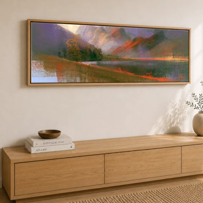Autumn Light on Blea Tarn Lake District Lake panoramic canvas wall art displayed above a sideboard