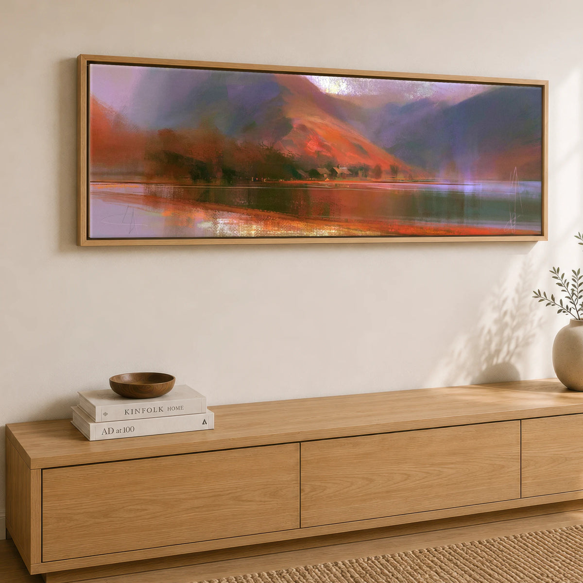 Fleetwith Pike in Warm Light Lake District Lake panoramic canvas wall art displayed above a sideboard