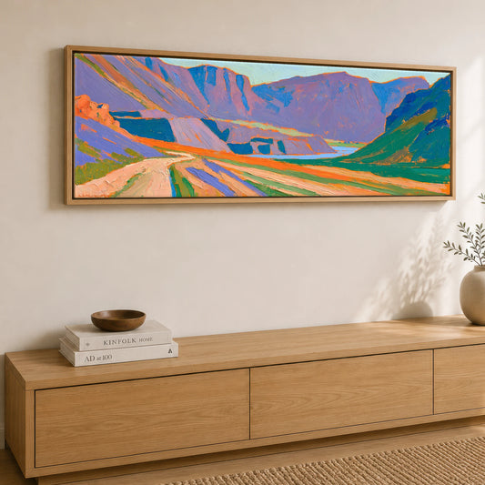 Vivid Fells of Honister Pass Lake District Valley panoramic canvas wall art displayed above a sideboard