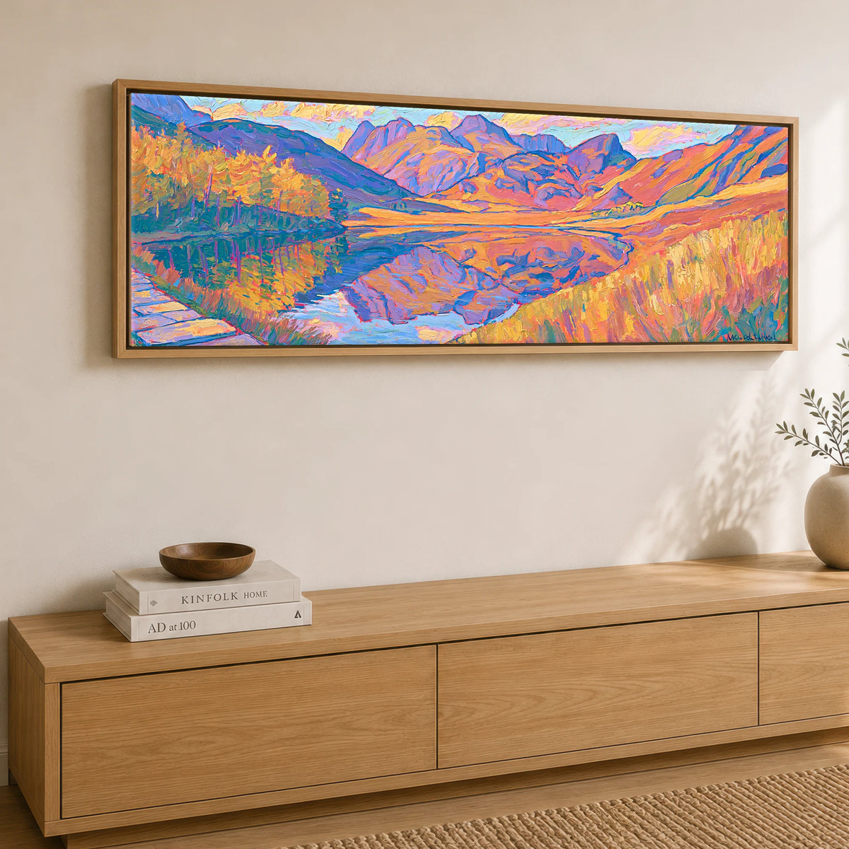 Amber Light Over Blea Tarn Lake District Lake panoramic canvas wall art displayed above a sideboard