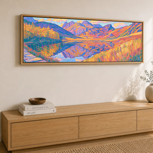 Amber Light Over Blea Tarn Lake District Lake panoramic canvas wall art displayed above a sideboard