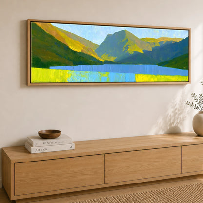 Luminous Fells Over Sapphire Water Lake District Lake panoramic canvas wall art displayed above a sideboard