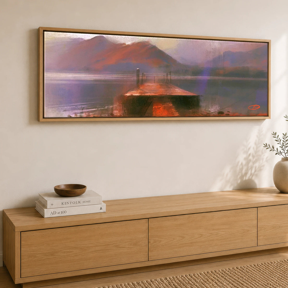 Derwentwater Jetty in Violet Haze Lake District Lake panoramic canvas wall art displayed above a sideboard