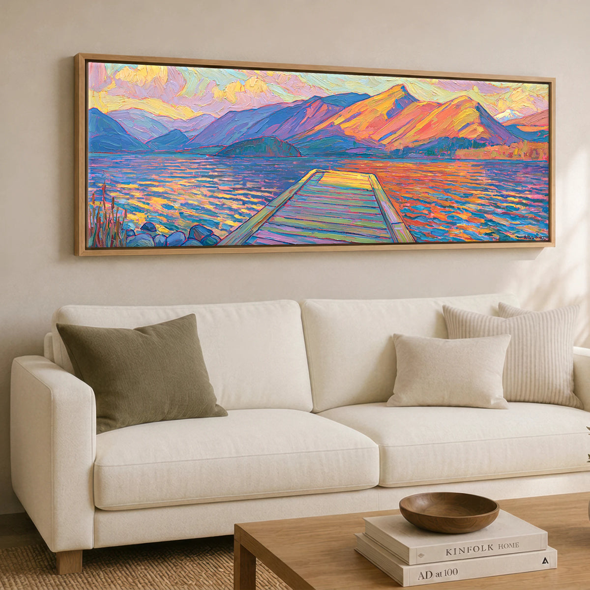 Golden Light over the Lakeside Jetty Lake District Lake panoramic canvas wall art displayed above a sofa
