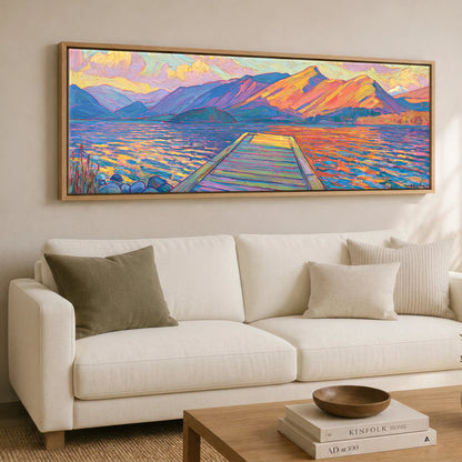 Golden Light over the Lakeside Jetty Lake District Lake panoramic canvas wall art displayed above a sofa