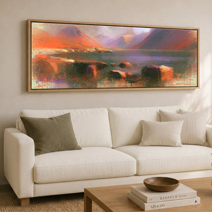 Wastwater and Great Gable Sunset Lake District Lake panoramic canvas wall art displayed above a sofa
