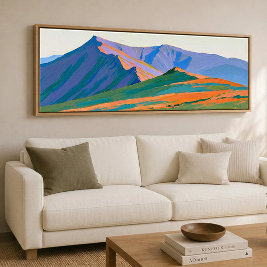 Blencathra in Vibrant Painted Hues Lake District Fell panoramic canvas wall art displayed above a sofa