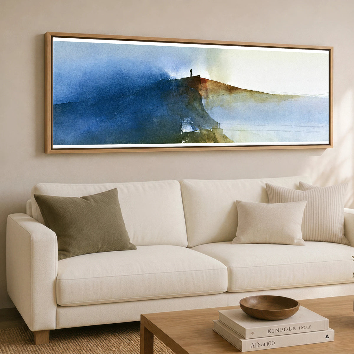 Striding Edge Walker in Indigo Lake District Walking panoramic canvas wall art displayed above a sofa
