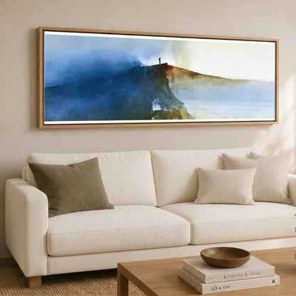Striding Edge Walker in Indigo Lake District Walking panoramic canvas wall art displayed above a sofa
