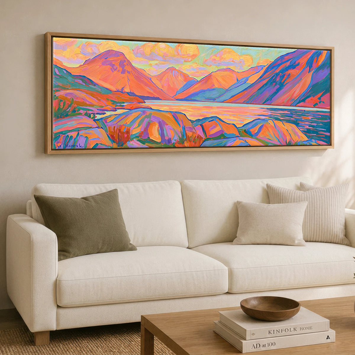 Sunset Radiance Over Wasdale Head Lake District Lake panoramic canvas wall art displayed above a sofa