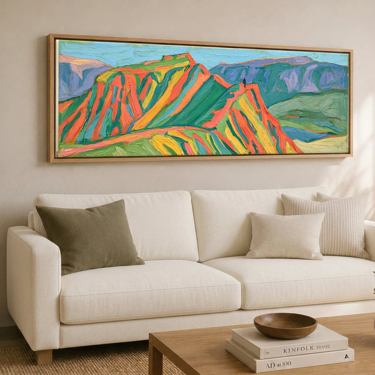 Vivid Striding Edge Helvellyn Lake District Walking panoramic canvas wall art displayed above a sofa