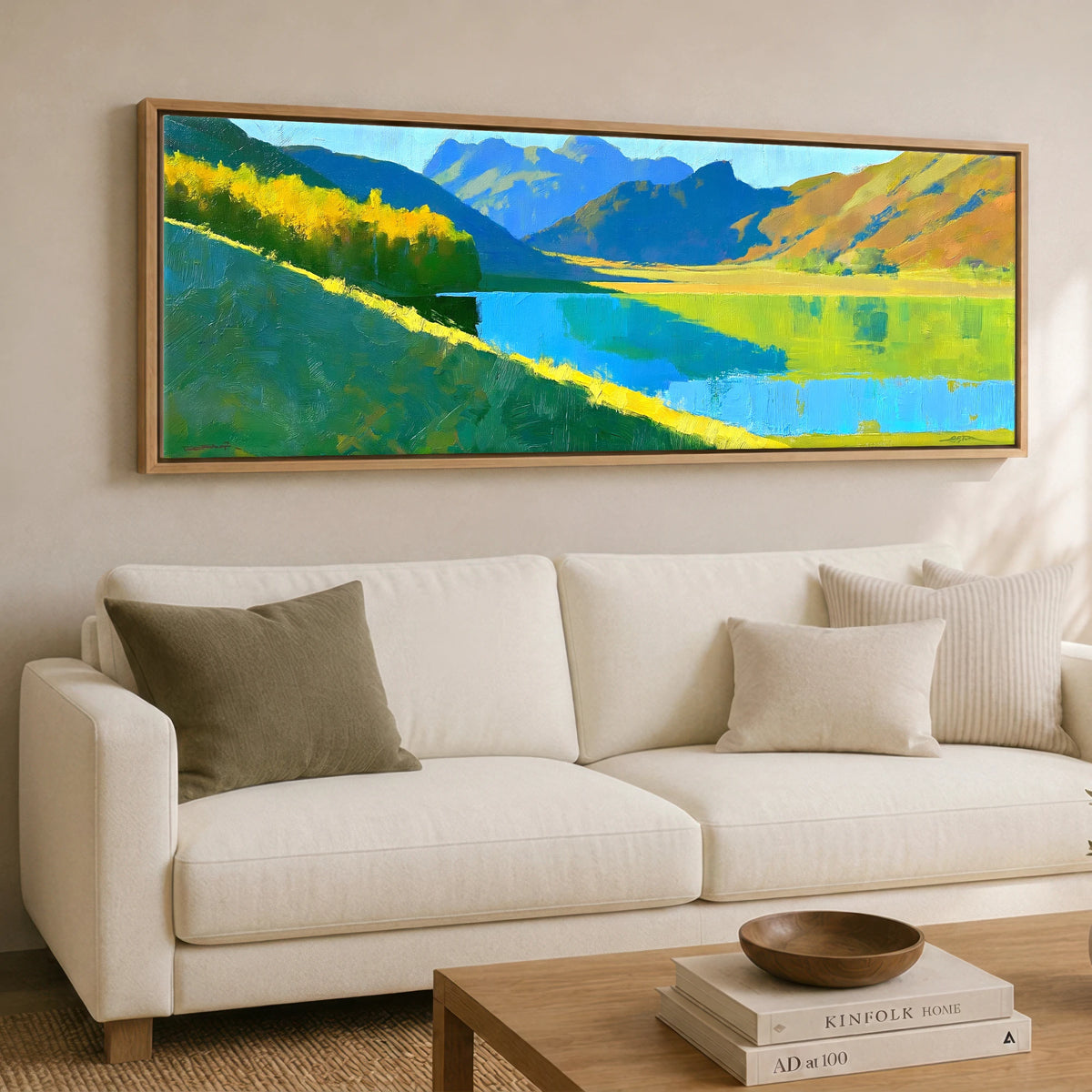 Sunlight and Blue Shadows over Buttermere Lake District Lake panoramic canvas wall art displayed above a sofa