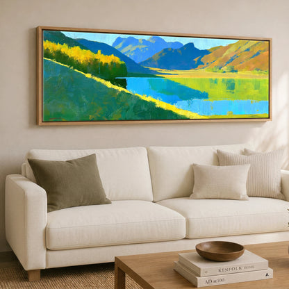 Sunlight and Blue Shadows over Buttermere Lake District Lake panoramic canvas wall art displayed above a sofa