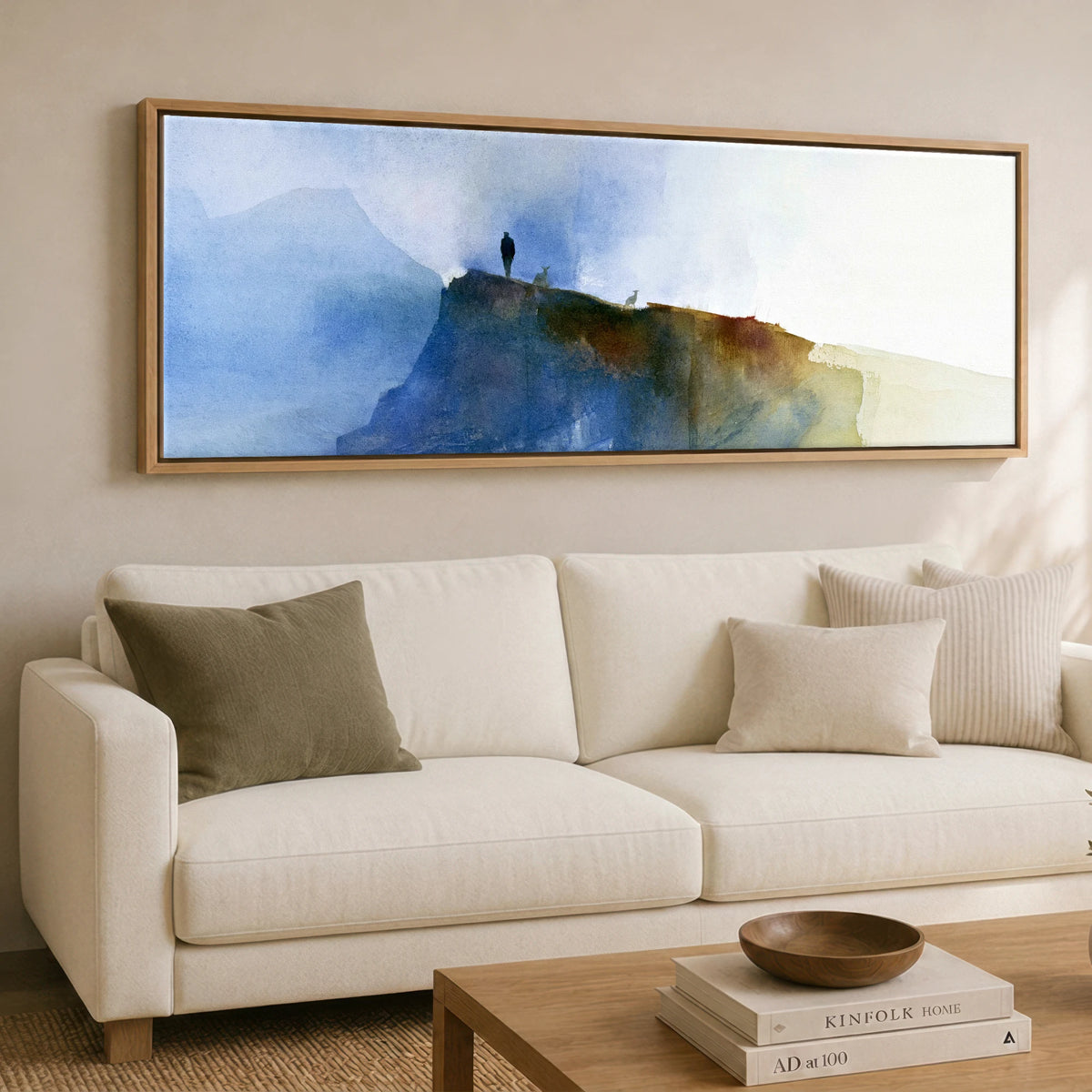 Striding Edge Helvellyn in Blue Mist Lake District Walking panoramic canvas wall art displayed above a sofa