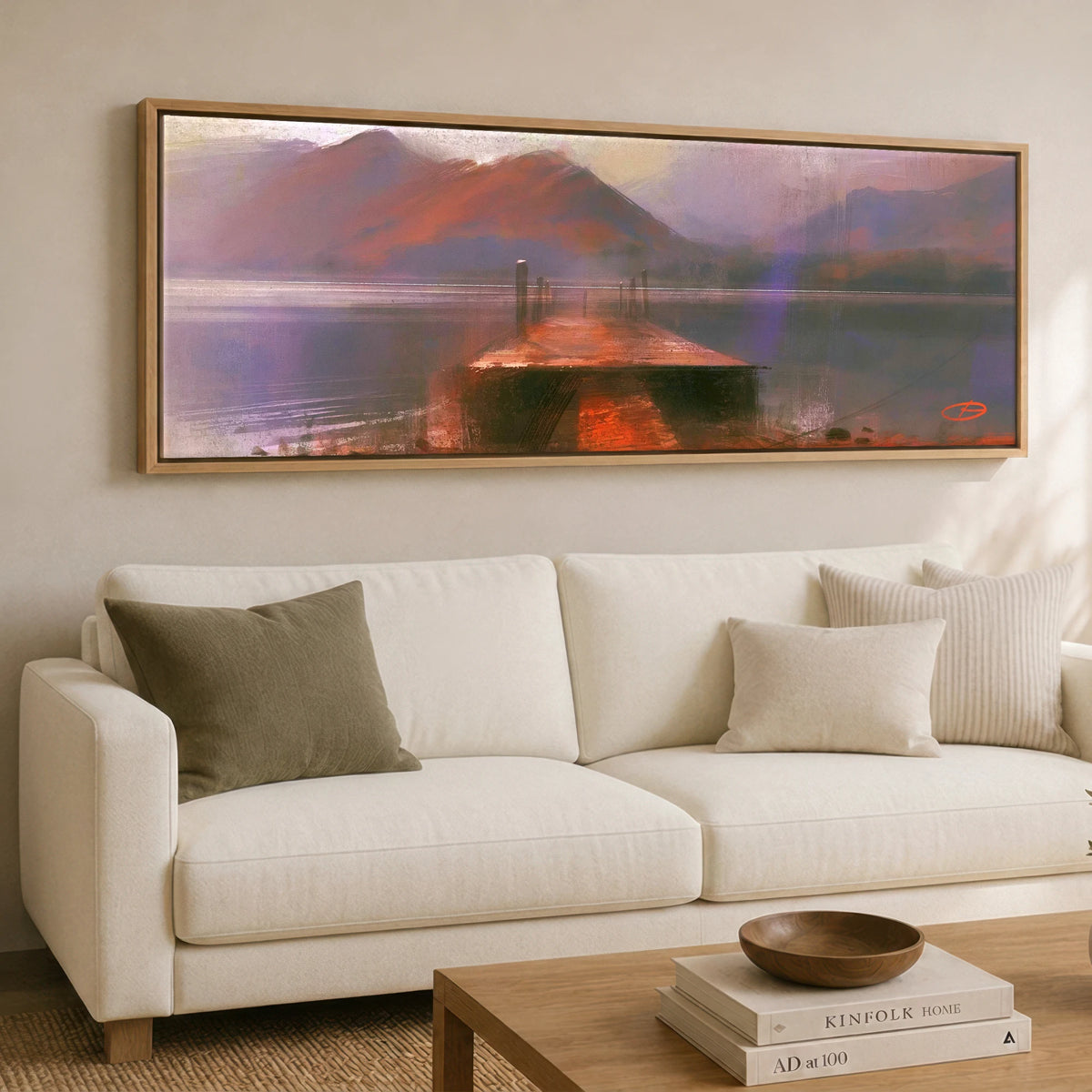 Derwentwater Jetty in Violet Haze Lake District Lake panoramic canvas wall art displayed above a sofa