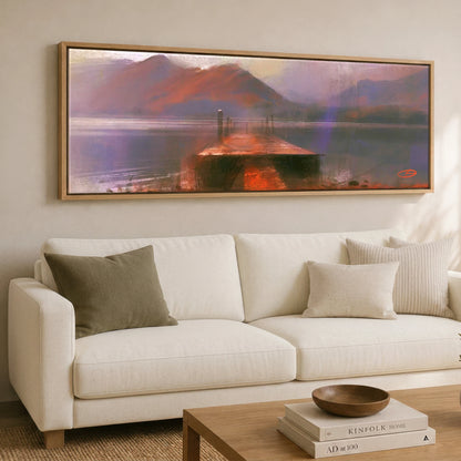 Derwentwater Jetty in Violet Haze Lake District Lake panoramic canvas wall art displayed above a sofa