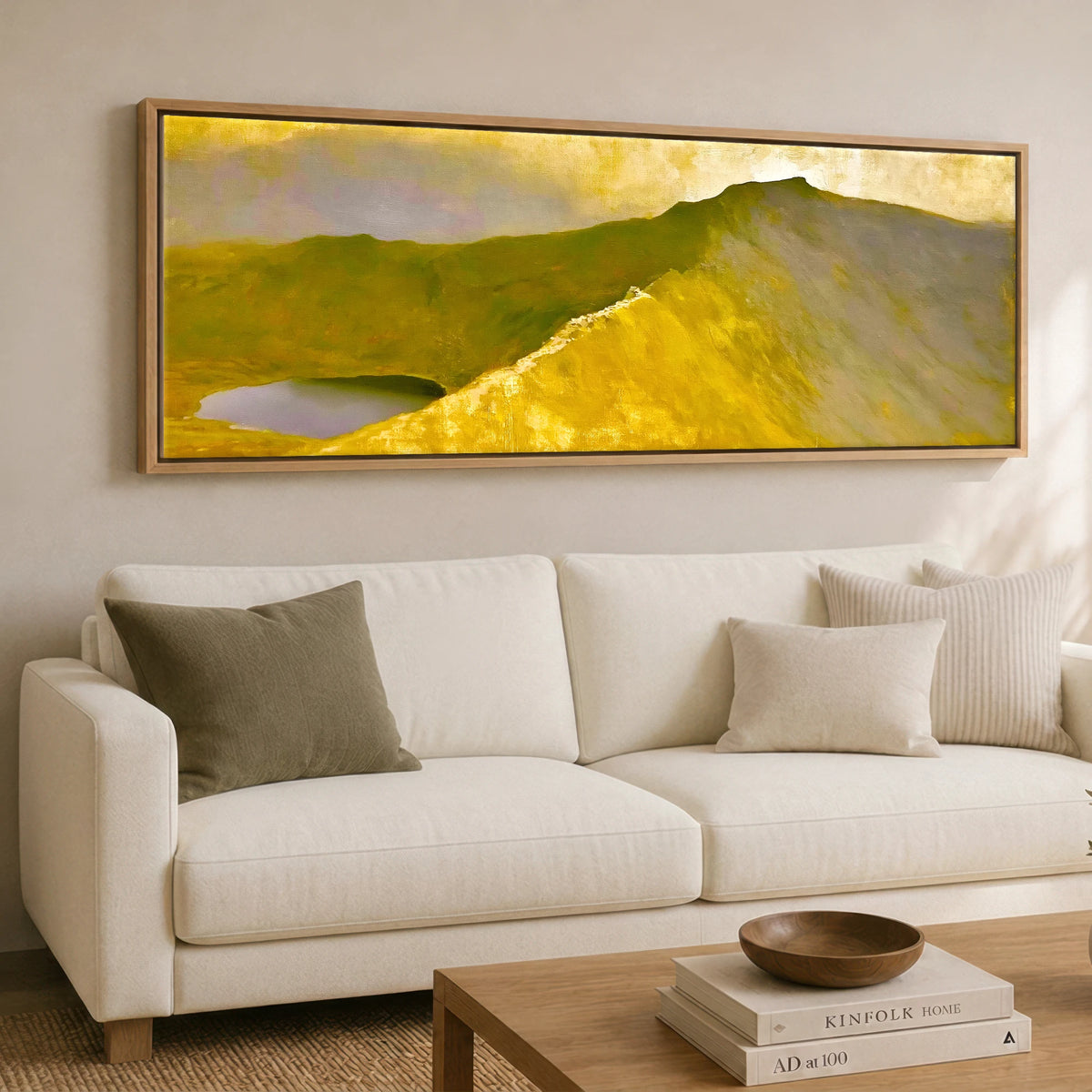 Striding Edge in Golden Light Lake District Walking panoramic canvas wall art displayed above a sofa
