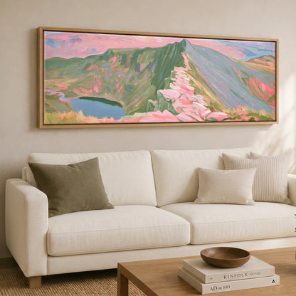 Pastel Light on Striding Edge Lake District Walking panoramic canvas wall art displayed above a sofa