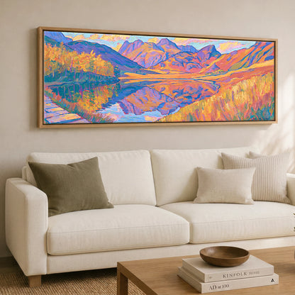 Amber Light Over Blea Tarn Lake District Lake panoramic canvas wall art displayed above a sofa