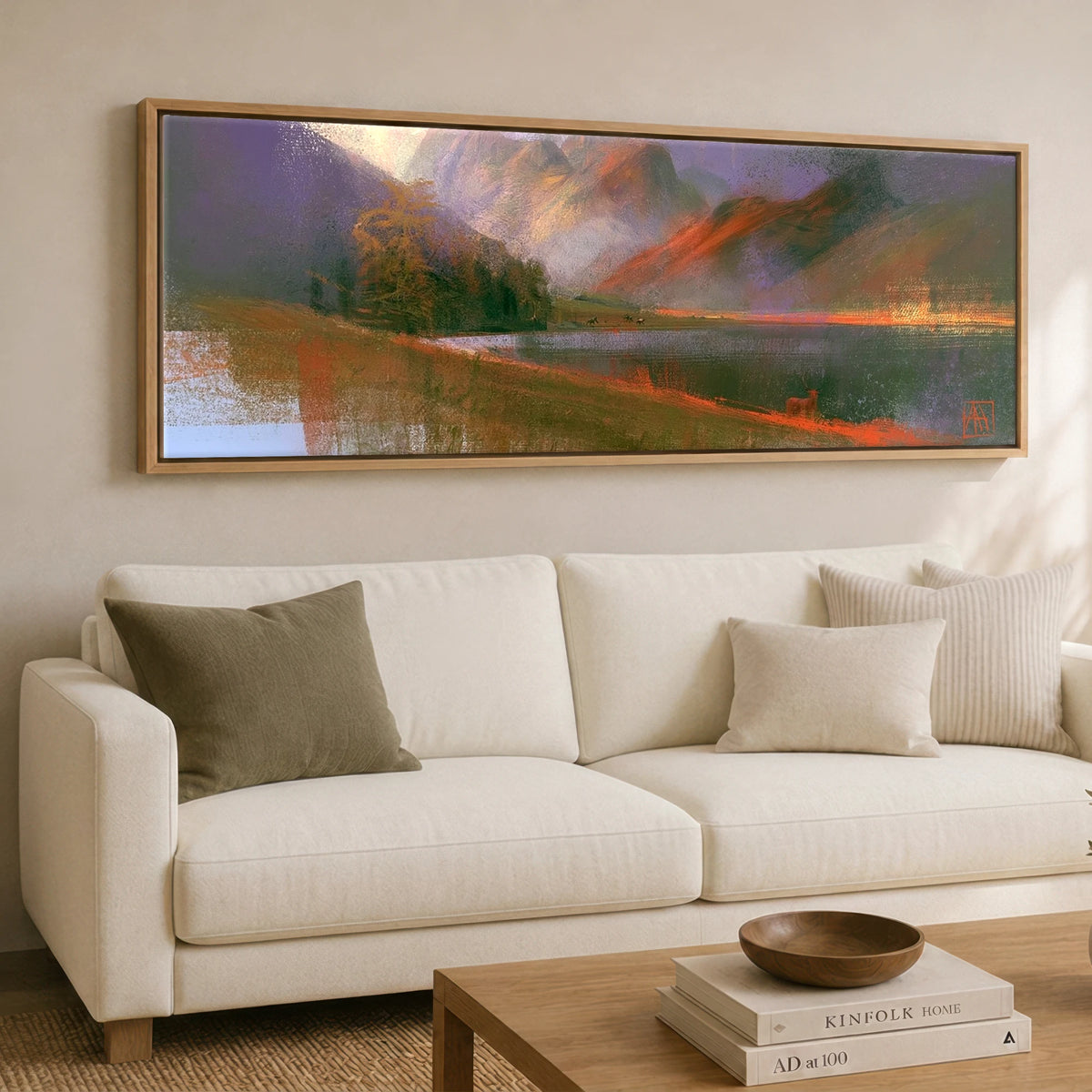 Autumn Light on Blea Tarn Lake District Lake panoramic canvas wall art displayed above a sofa