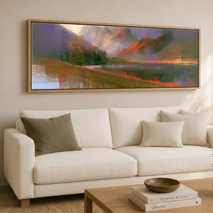 Autumn Light on Blea Tarn Lake District Lake panoramic canvas wall art displayed above a sofa