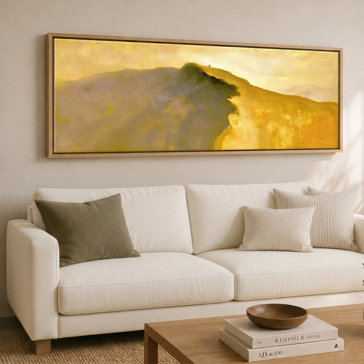 Striding Edge Walker in Golden Light Lake District Walking panoramic canvas wall art displayed above a sofa