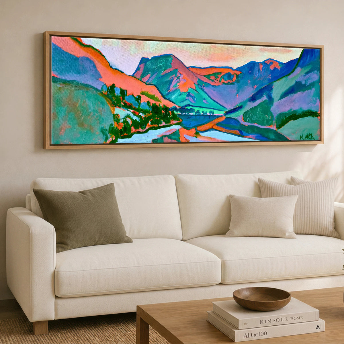 Vibrant Buttermere Sunset over Fleetwith Pike Lake District Lake panoramic canvas wall art displayed above a sofa