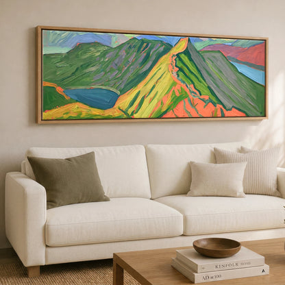 Vivid Striding Edge and Helvellyn Lake District Walking panoramic canvas wall art displayed above a sofa
