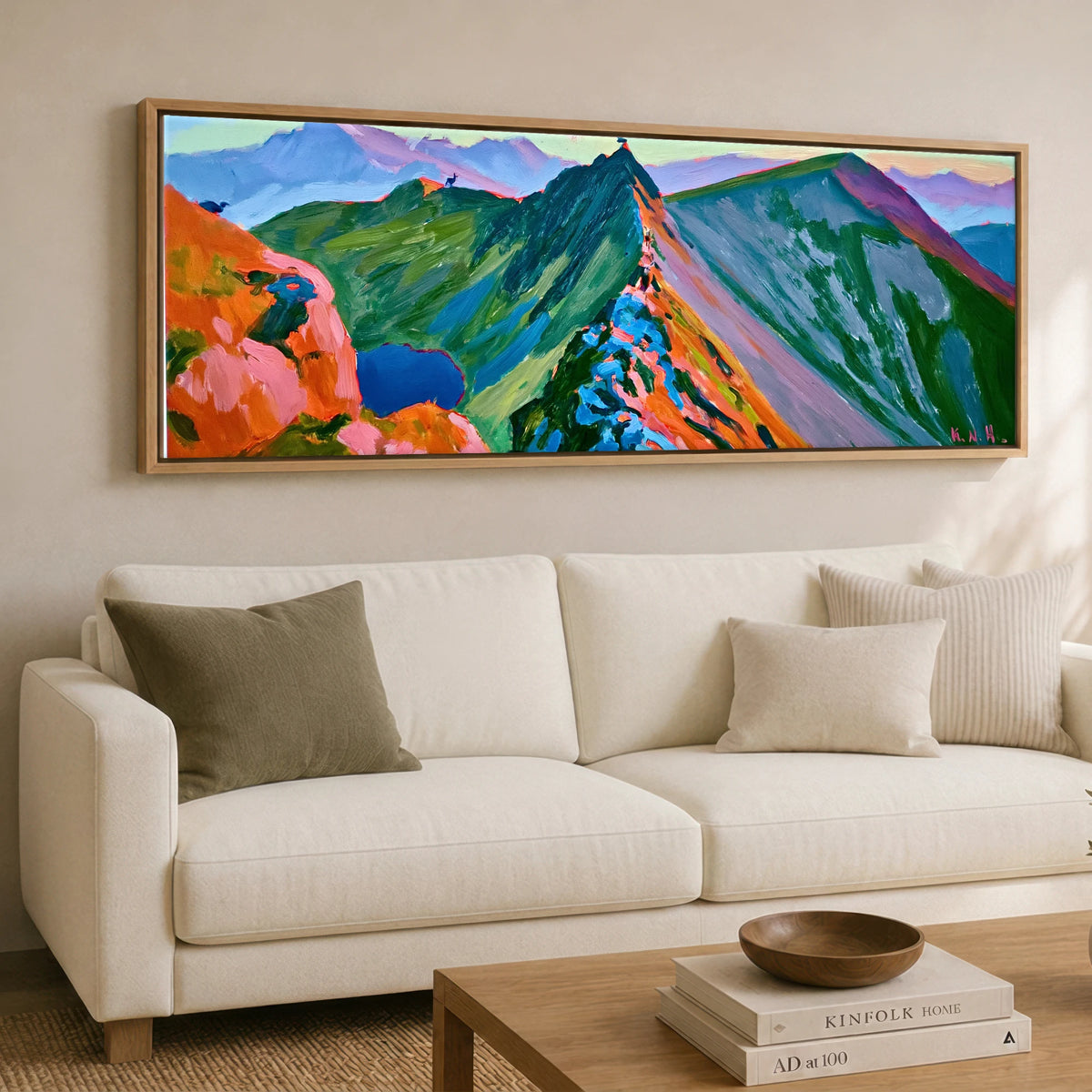 Vivid Striding Edge on Helvellyn Lake District Walking panoramic canvas wall art displayed above a sofa