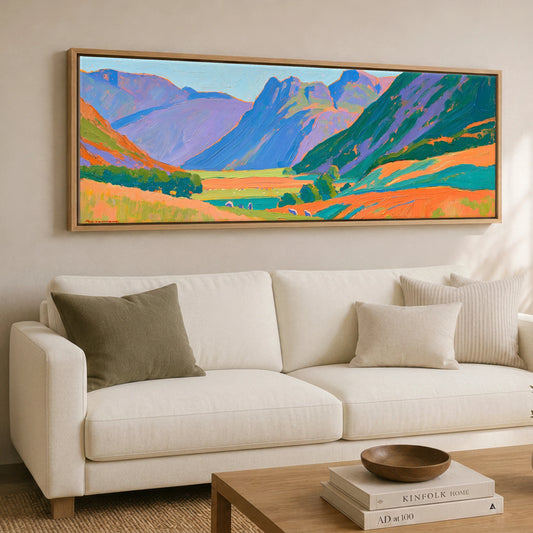 Vivid Hues of Great Langdale Lake District Valley panoramic canvas wall art displayed above a sofa
